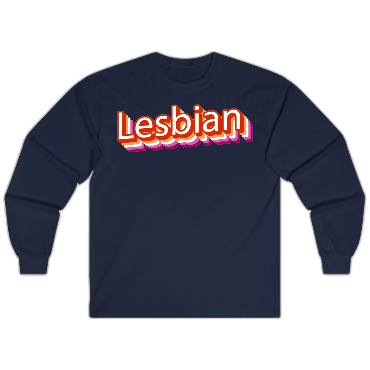 Colorful 3D text reading 'Lesbian' with layered shadow effects in red, orange, white, pink, and purple pride colors in Navy