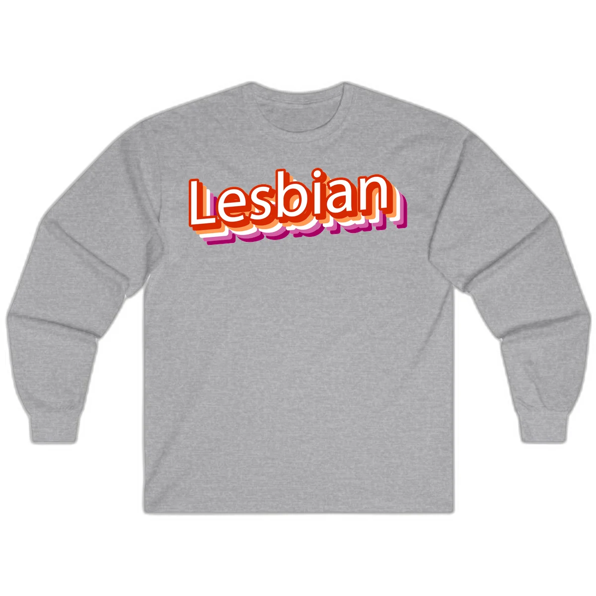 Colorful 3D text reading 'Lesbian' with layered shadow effects in red, orange, white, pink, and purple pride colors in Sport Grey