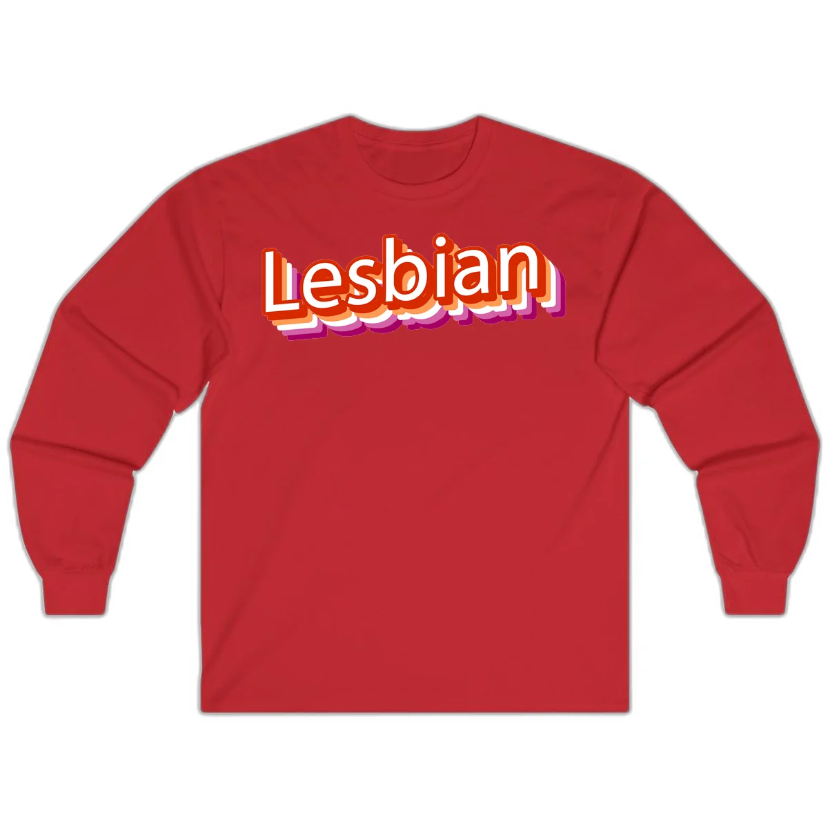 Colorful 3D text reading 'Lesbian' with layered shadow effects in red, orange, white, pink, and purple pride colors in Red