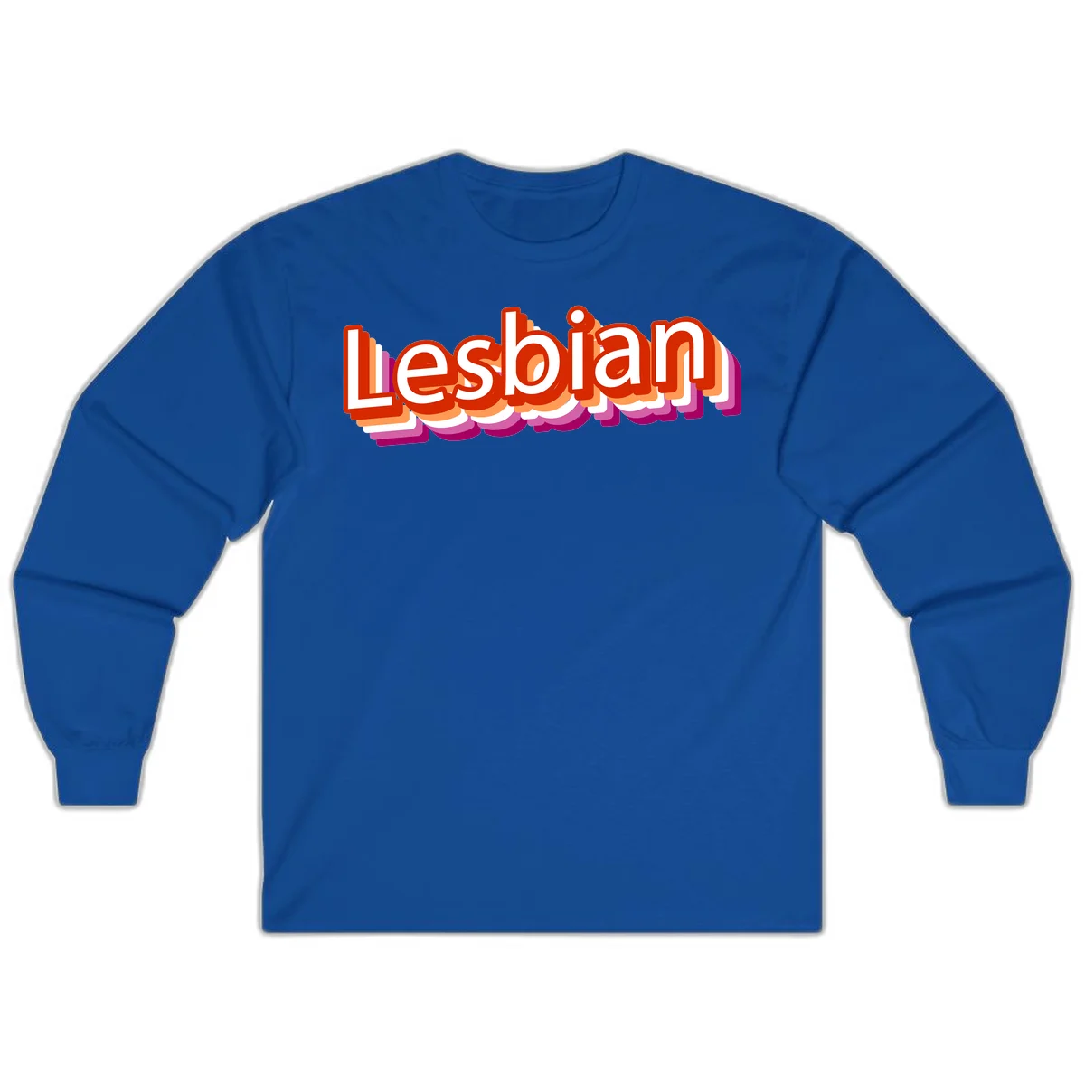 Colorful 3D text reading 'Lesbian' with layered shadow effects in red, orange, white, pink, and purple pride colors in Royal