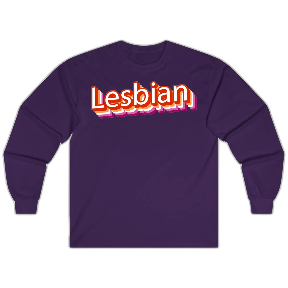 Colorful 3D text reading 'Lesbian' with layered shadow effects in red, orange, white, pink, and purple pride colors in Purple