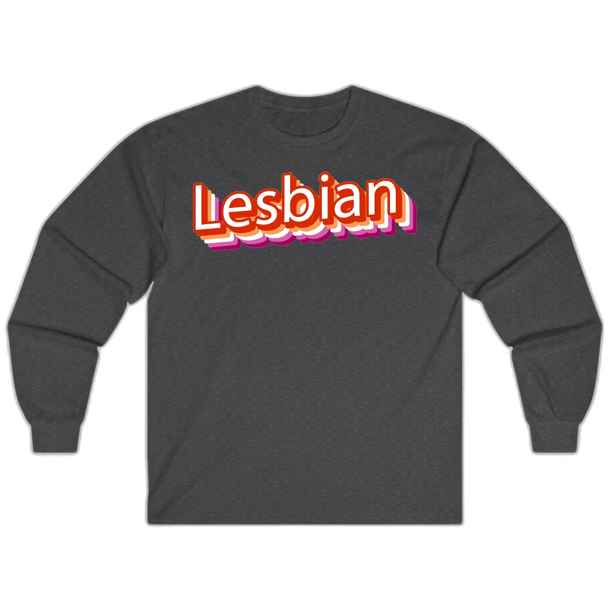 Colorful 3D text reading 'Lesbian' with layered shadow effects in red, orange, white, pink, and purple pride colors in Dark Heather