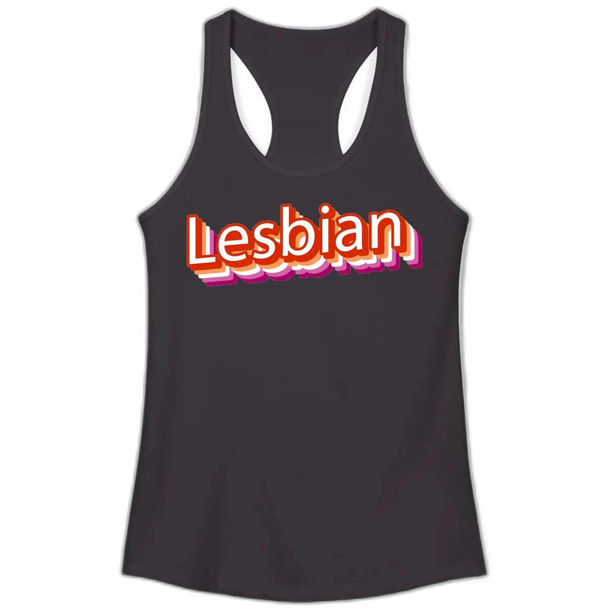 Colorful 3D text reading 'Lesbian' with layered shadow effects in red, orange, white, pink, and purple pride colors in Black