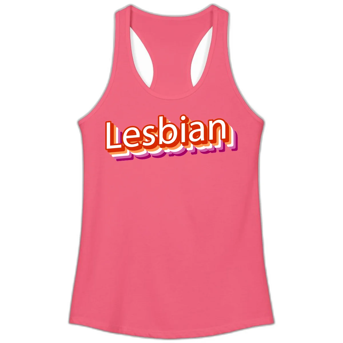 Colorful 3D text reading 'Lesbian' with layered shadow effects in red, orange, white, pink, and purple pride colors in Hot Pink