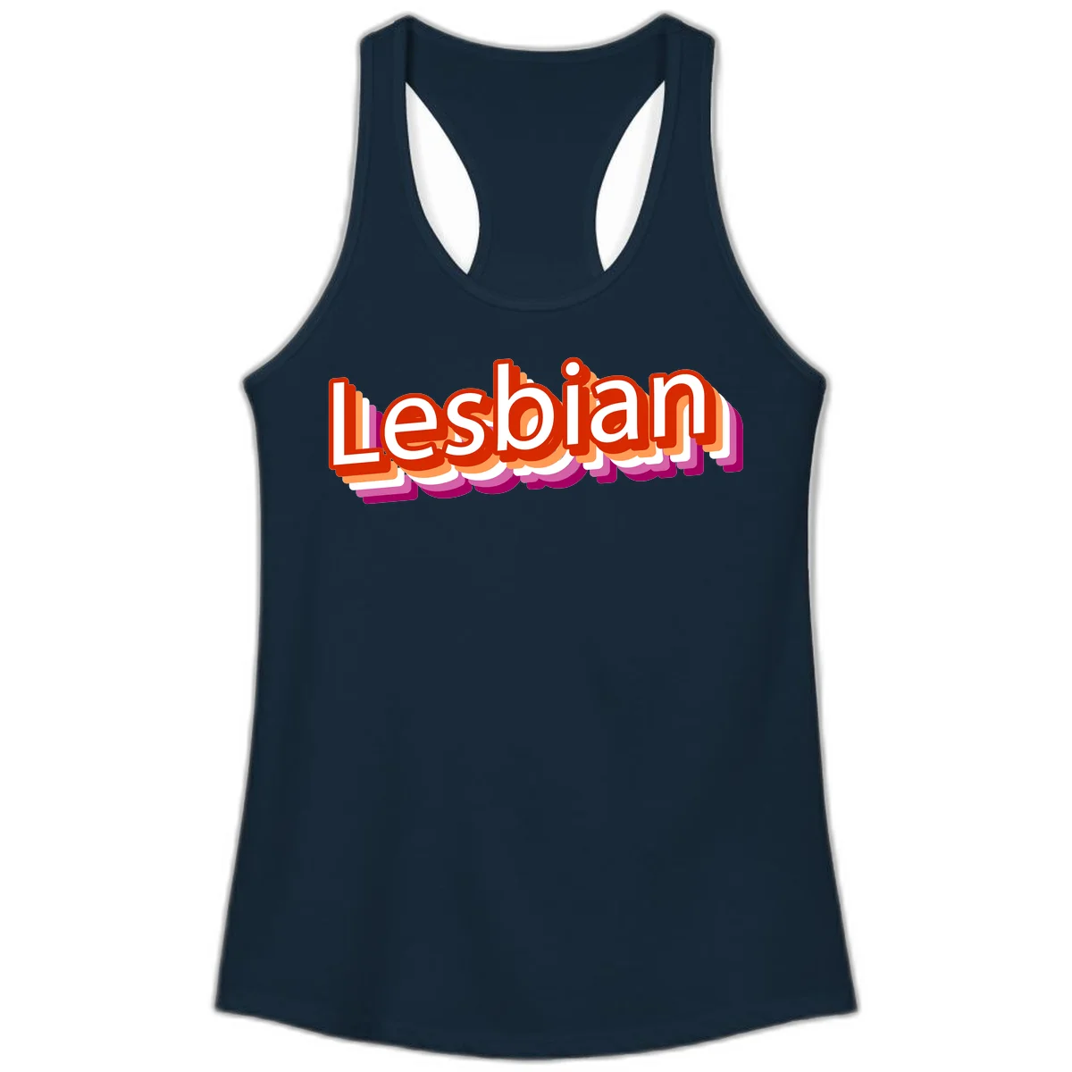 Colorful 3D text reading 'Lesbian' with layered shadow effects in red, orange, white, pink, and purple pride colors in Solid Midnight Navy