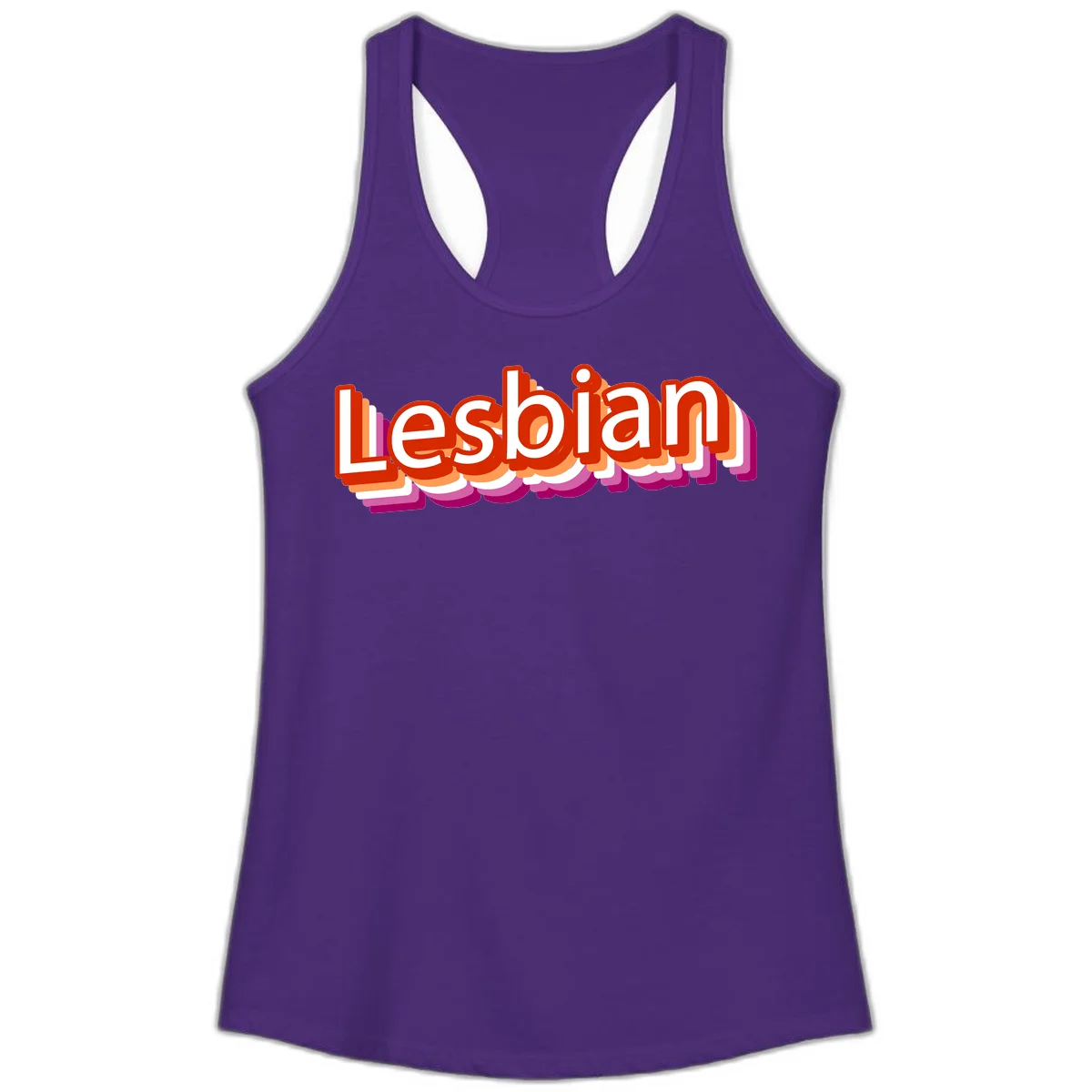 Colorful 3D text reading 'Lesbian' with layered shadow effects in red, orange, white, pink, and purple pride colors in Solid Purple Rush