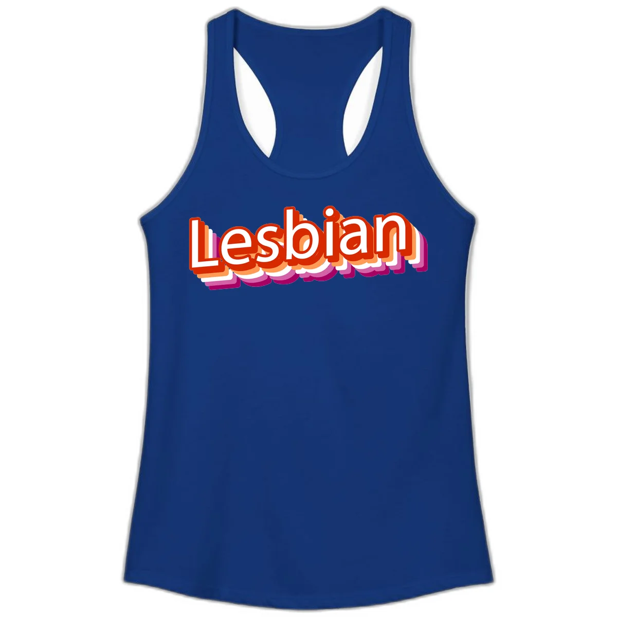 Colorful 3D text reading 'Lesbian' with layered shadow effects in red, orange, white, pink, and purple pride colors in Solid Royal