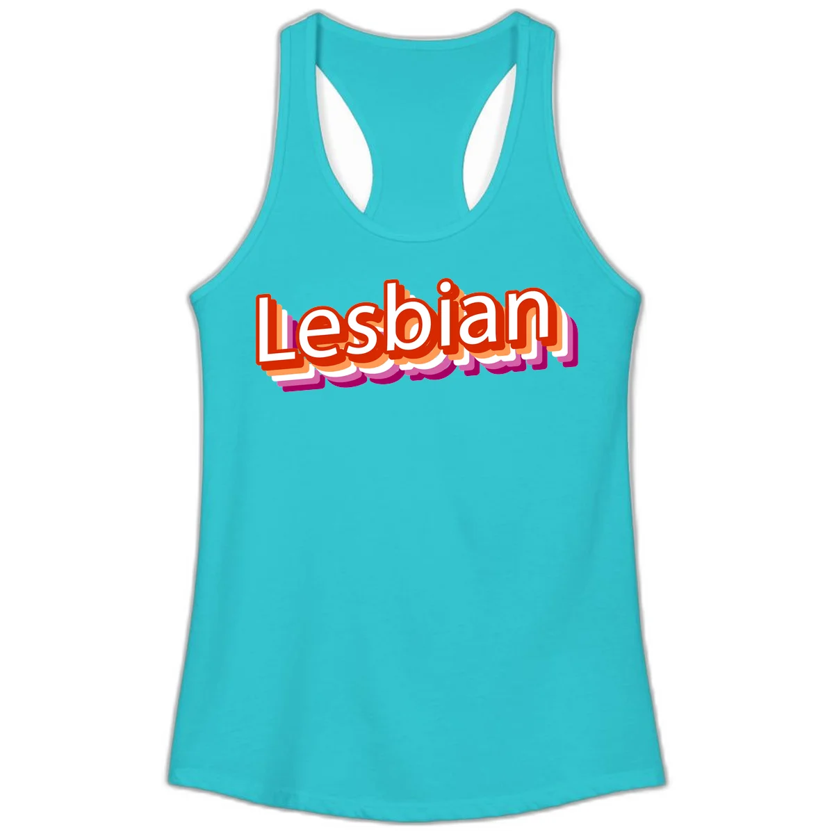 Colorful 3D text reading 'Lesbian' with layered shadow effects in red, orange, white, pink, and purple pride colors in Solid Tahiti Blue