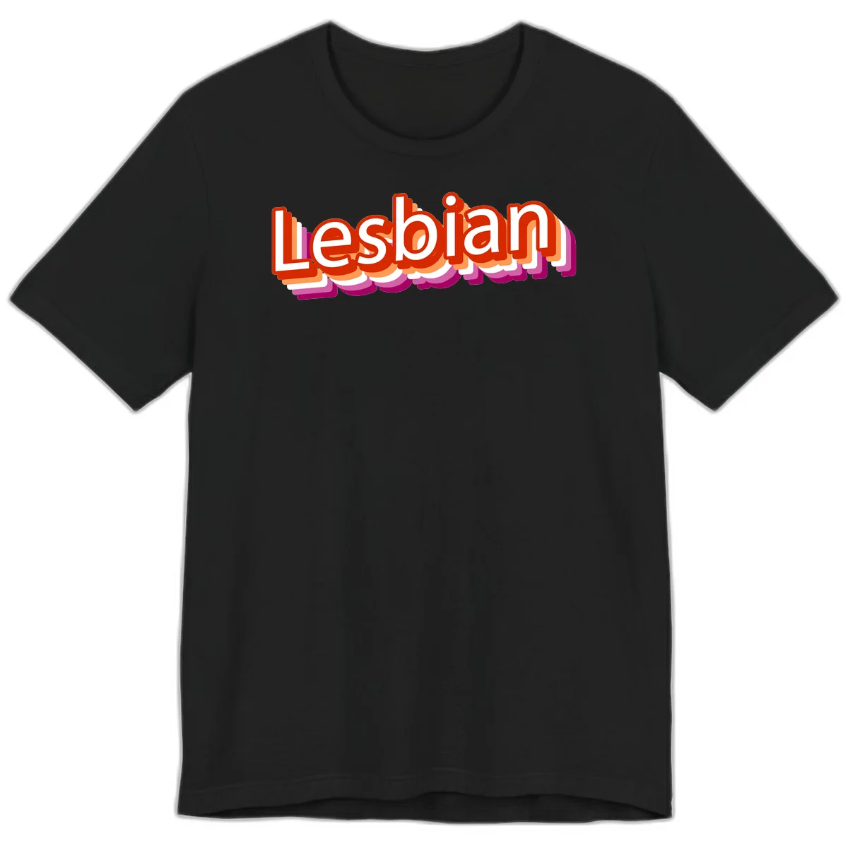 Colorful 3D text reading 'Lesbian' with layered shadow effects in red, orange, white, pink, and purple pride colors in Black