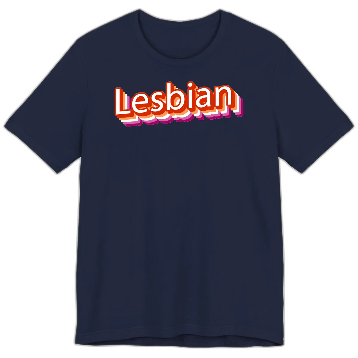 Colorful 3D text reading 'Lesbian' with layered shadow effects in red, orange, white, pink, and purple pride colors in Navy