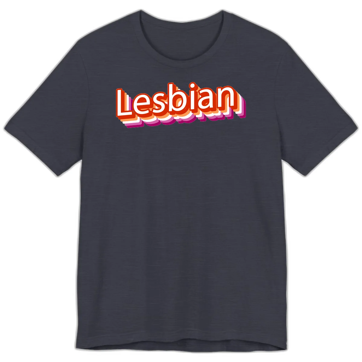 Colorful 3D text reading 'Lesbian' with layered shadow effects in red, orange, white, pink, and purple pride colors in Heather Midnight Navy