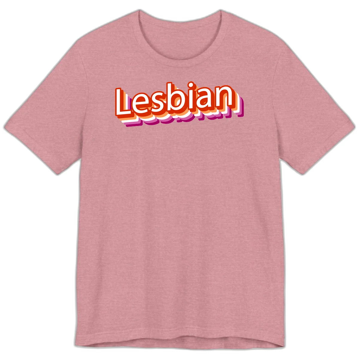 Colorful 3D text reading 'Lesbian' with layered shadow effects in red, orange, white, pink, and purple pride colors in Heather Orchid