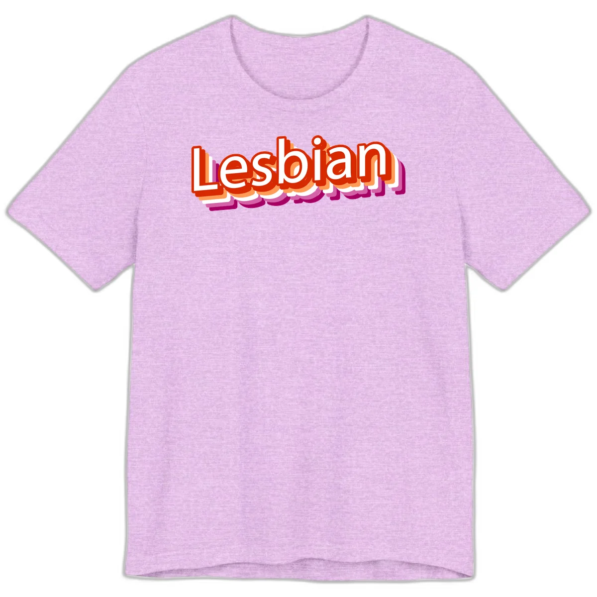 Colorful 3D text reading 'Lesbian' with layered shadow effects in red, orange, white, pink, and purple pride colors in Heather Prism Lilac