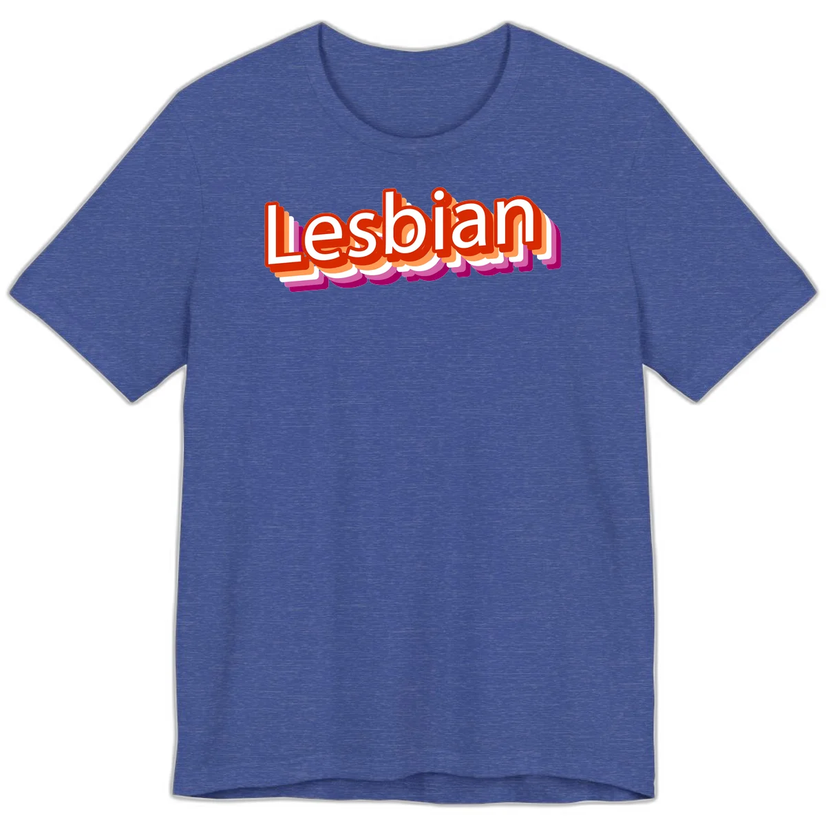 Colorful 3D text reading 'Lesbian' with layered shadow effects in red, orange, white, pink, and purple pride colors in Heather True Royal