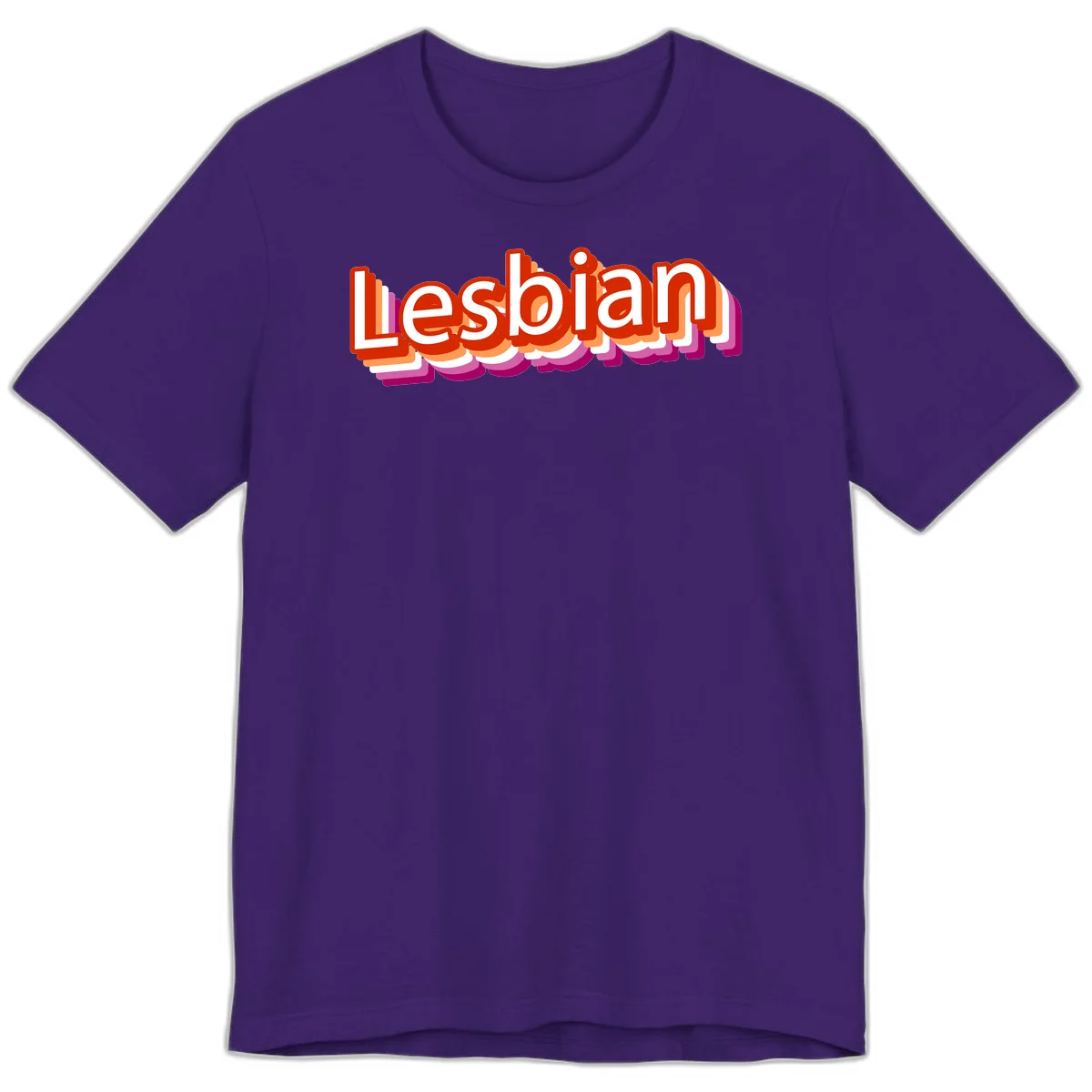 Colorful 3D text reading 'Lesbian' with layered shadow effects in red, orange, white, pink, and purple pride colors in Team Purple
