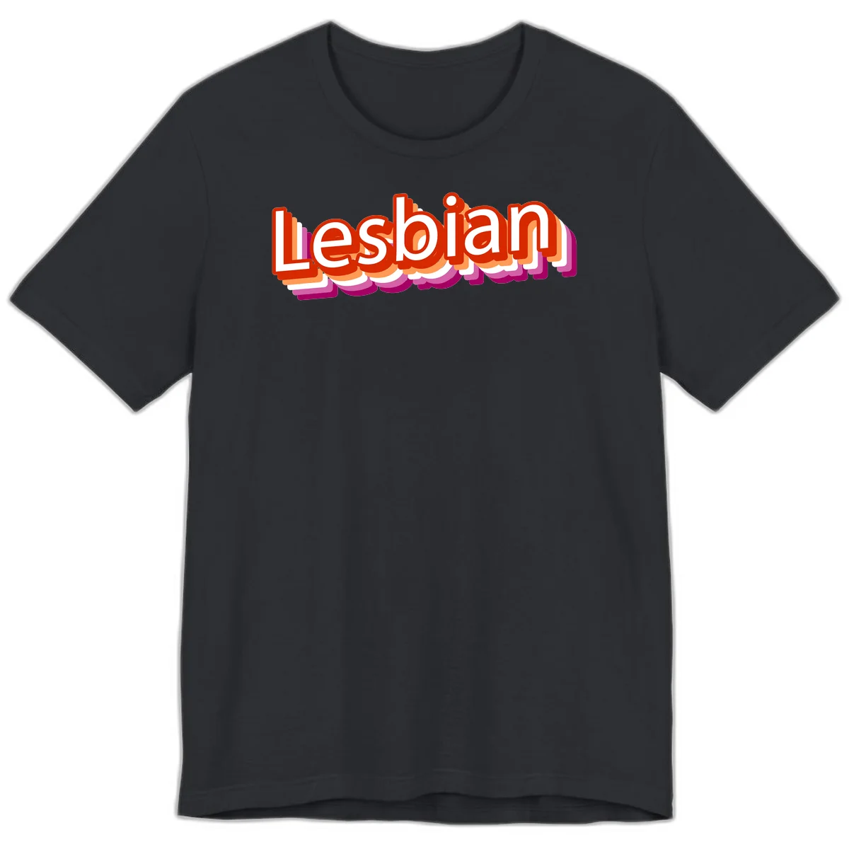 Colorful 3D text reading 'Lesbian' with layered shadow effects in red, orange, white, pink, and purple pride colors in Vintage Black