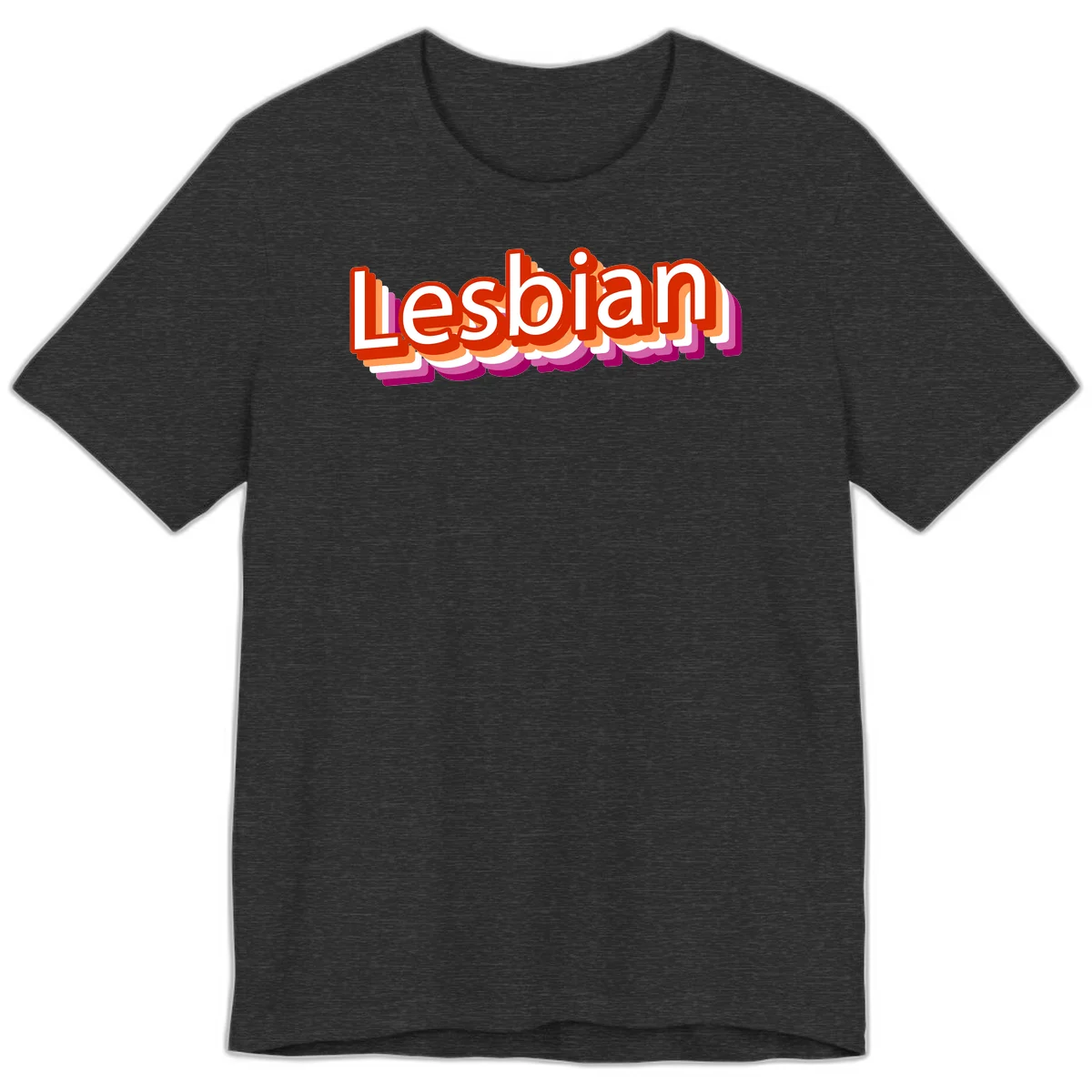 Colorful 3D text reading 'Lesbian' with layered shadow effects in red, orange, white, pink, and purple pride colors in Dark Grey Heather