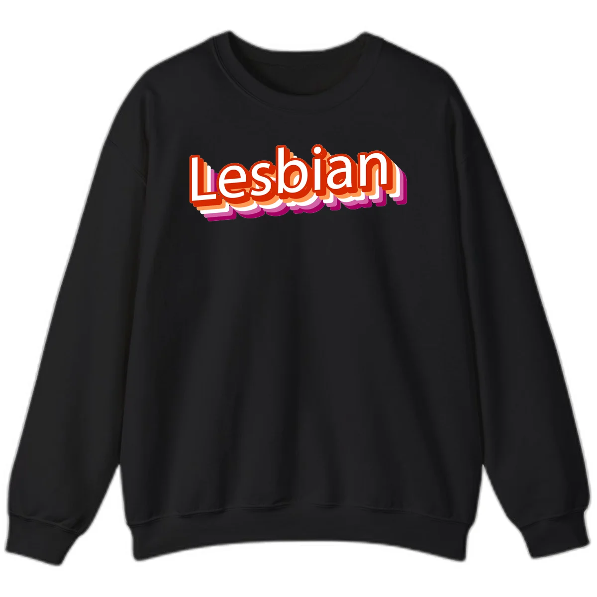 Colorful 3D text reading 'Lesbian' with layered shadow effects in red, orange, white, pink, and purple pride colors in Black