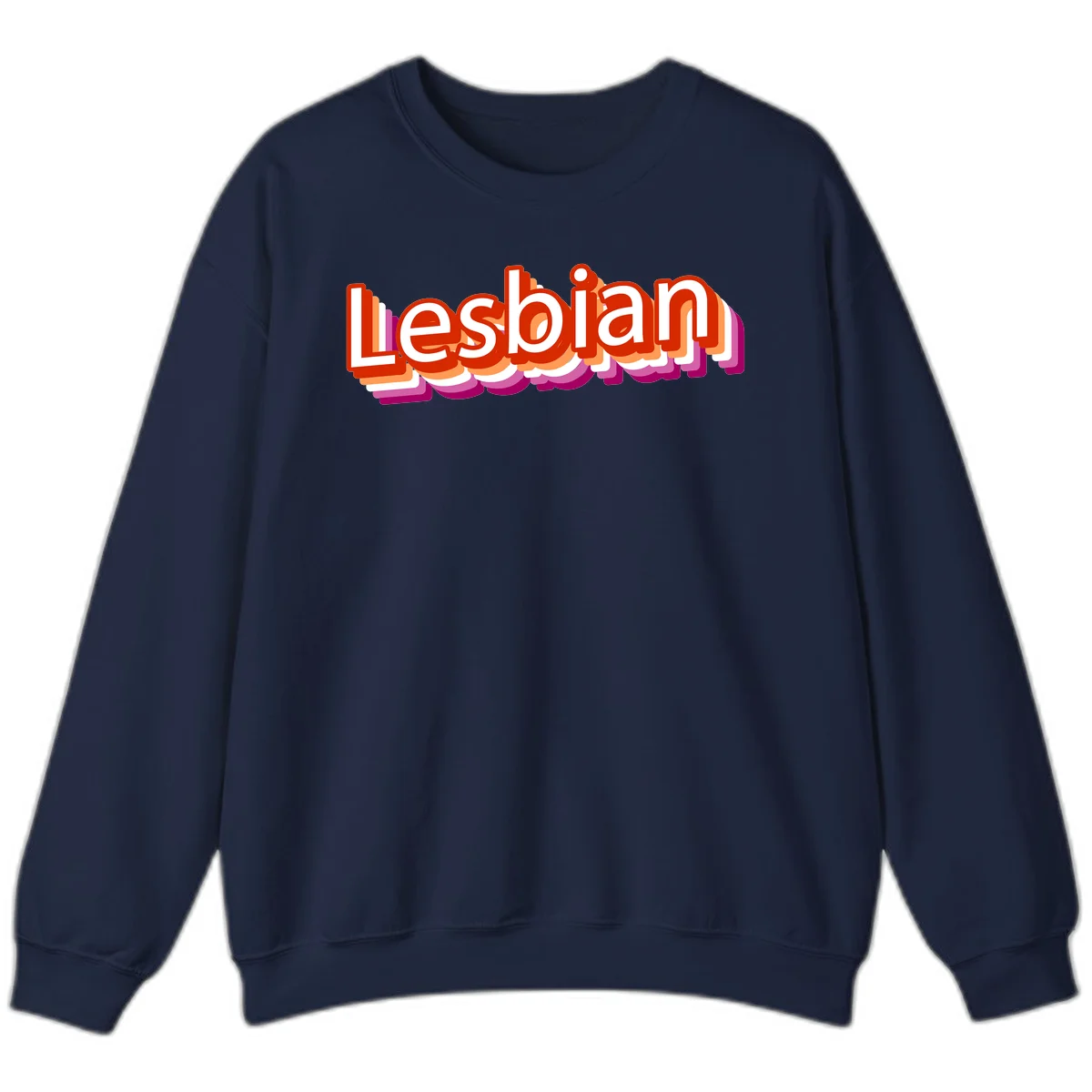 Colorful 3D text reading 'Lesbian' with layered shadow effects in red, orange, white, pink, and purple pride colors in Navy
