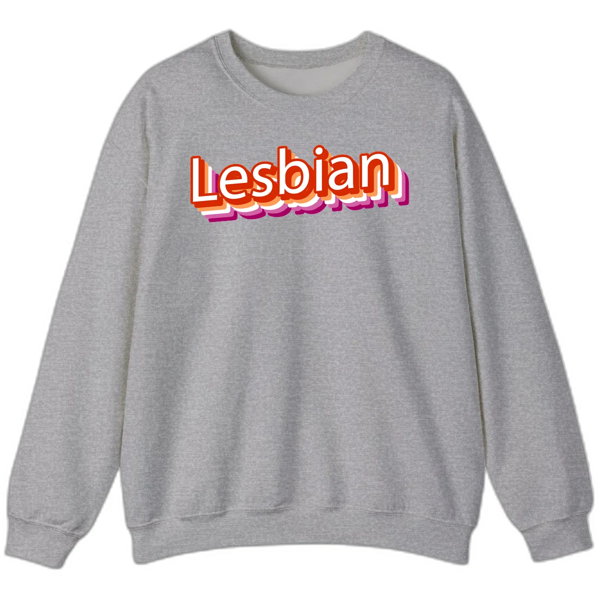 Colorful 3D text reading 'Lesbian' with layered shadow effects in red, orange, white, pink, and purple pride colors in Sport Grey
