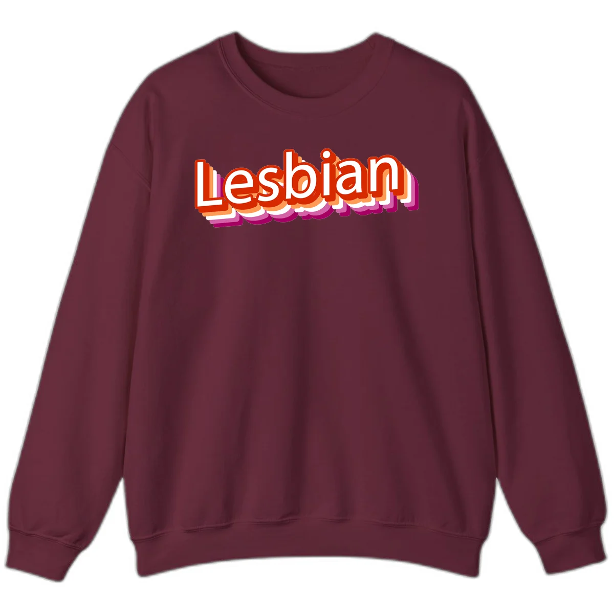 Colorful 3D text reading 'Lesbian' with layered shadow effects in red, orange, white, pink, and purple pride colors in Maroon