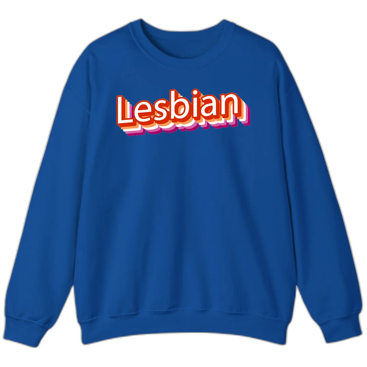 Colorful 3D text reading 'Lesbian' with layered shadow effects in red, orange, white, pink, and purple pride colors in Royal