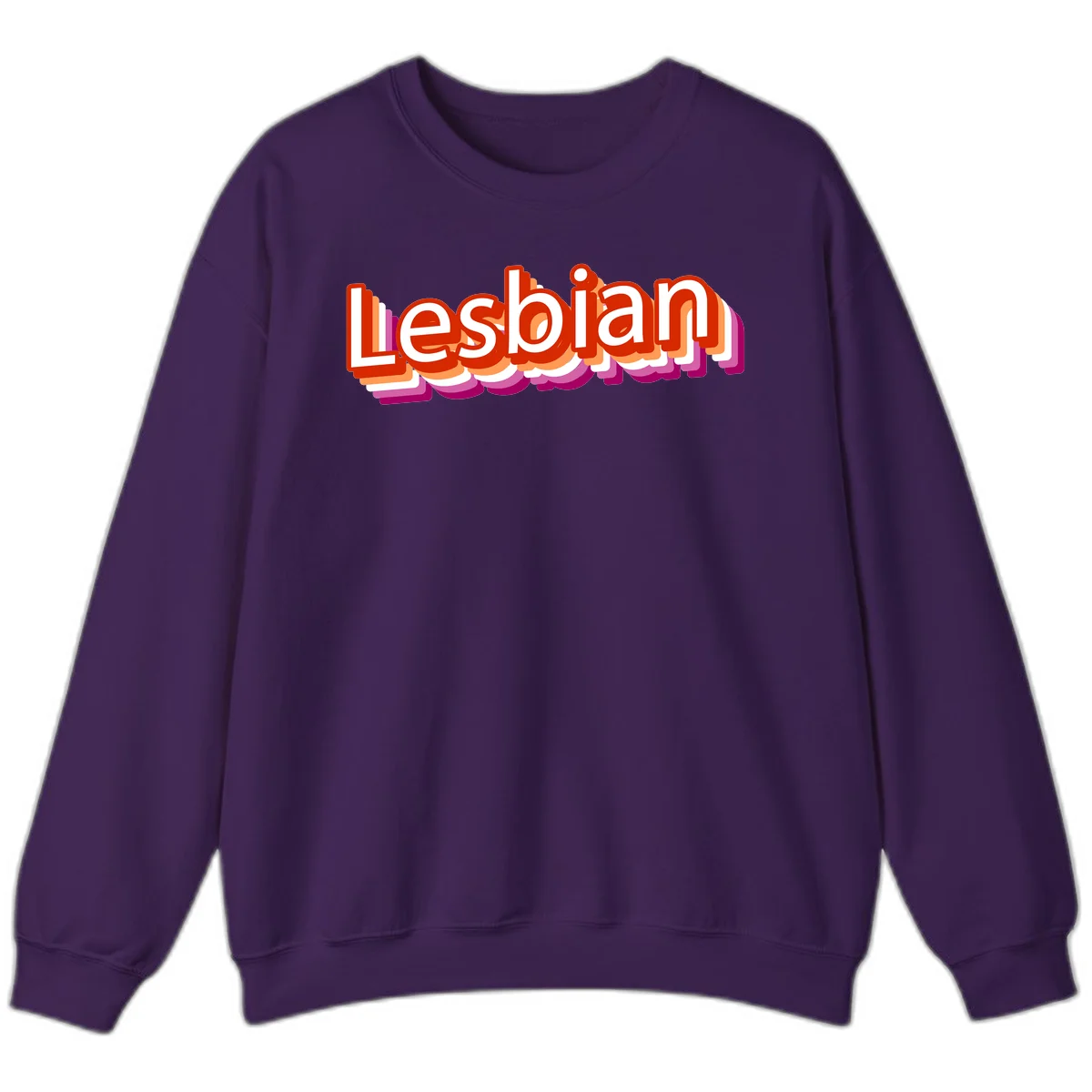 Colorful 3D text reading 'Lesbian' with layered shadow effects in red, orange, white, pink, and purple pride colors in Purple