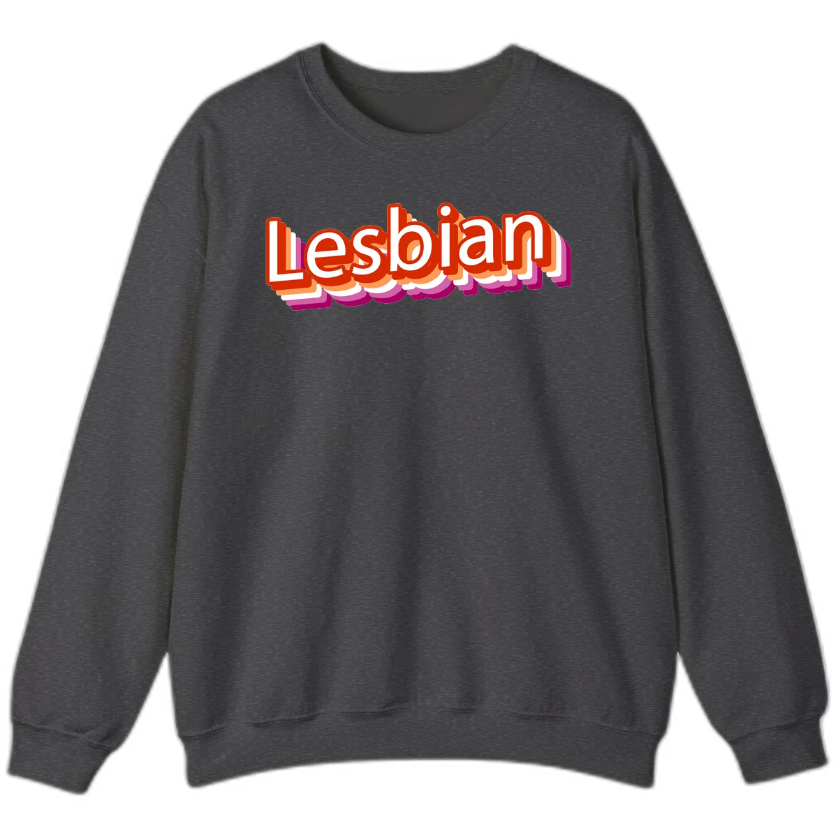Colorful 3D text reading 'Lesbian' with layered shadow effects in red, orange, white, pink, and purple pride colors in Dark Heather