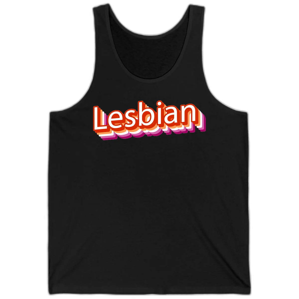 Colorful 3D text reading 'Lesbian' with layered shadow effects in red, orange, white, pink, and purple pride colors in Black