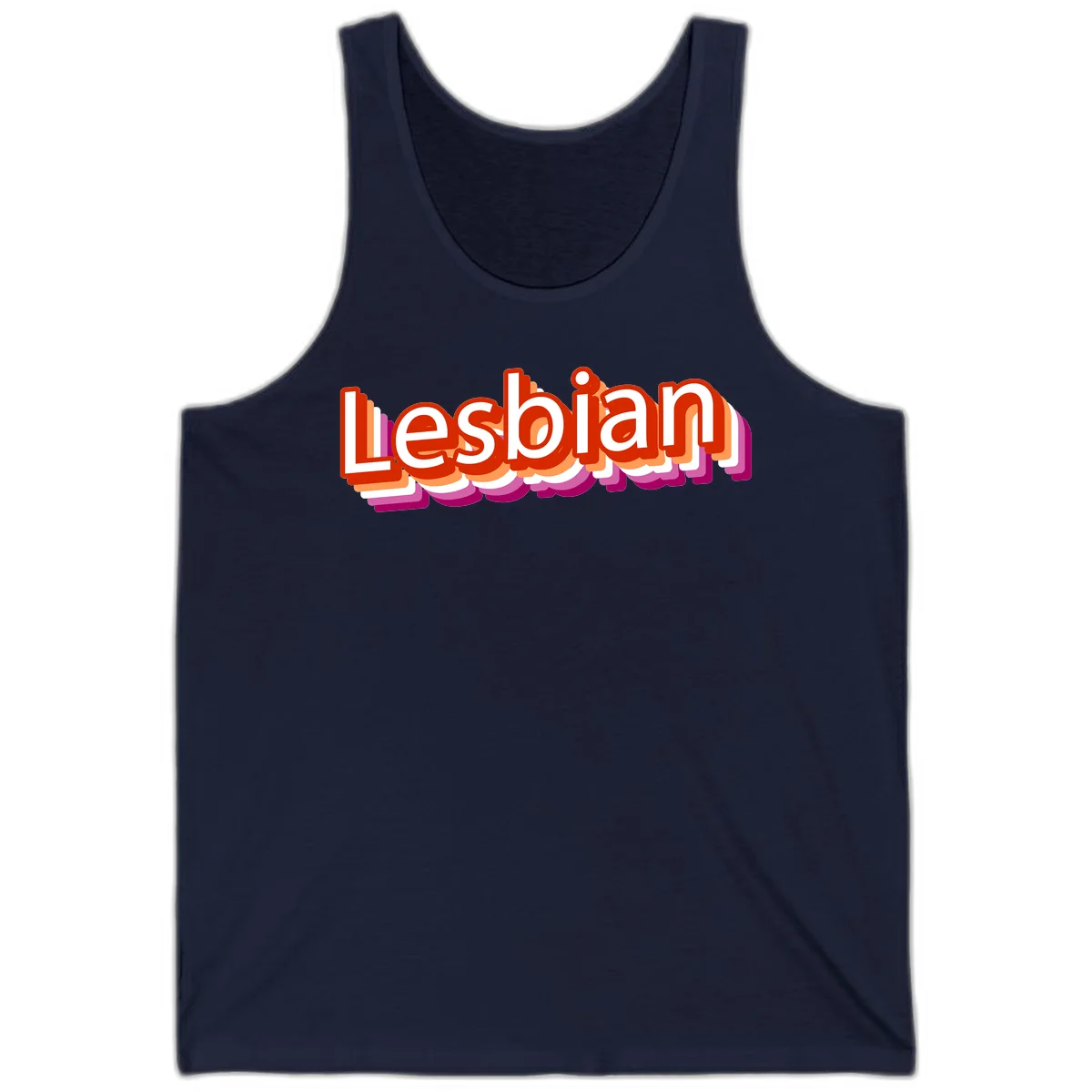 Colorful 3D text reading 'Lesbian' with layered shadow effects in red, orange, white, pink, and purple pride colors in Navy
