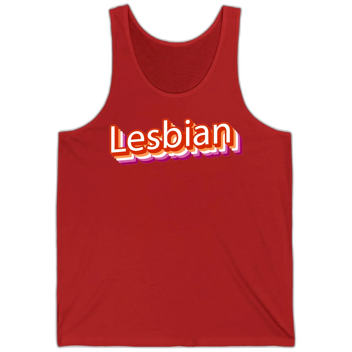 Colorful 3D text reading 'Lesbian' with layered shadow effects in red, orange, white, pink, and purple pride colors in Red