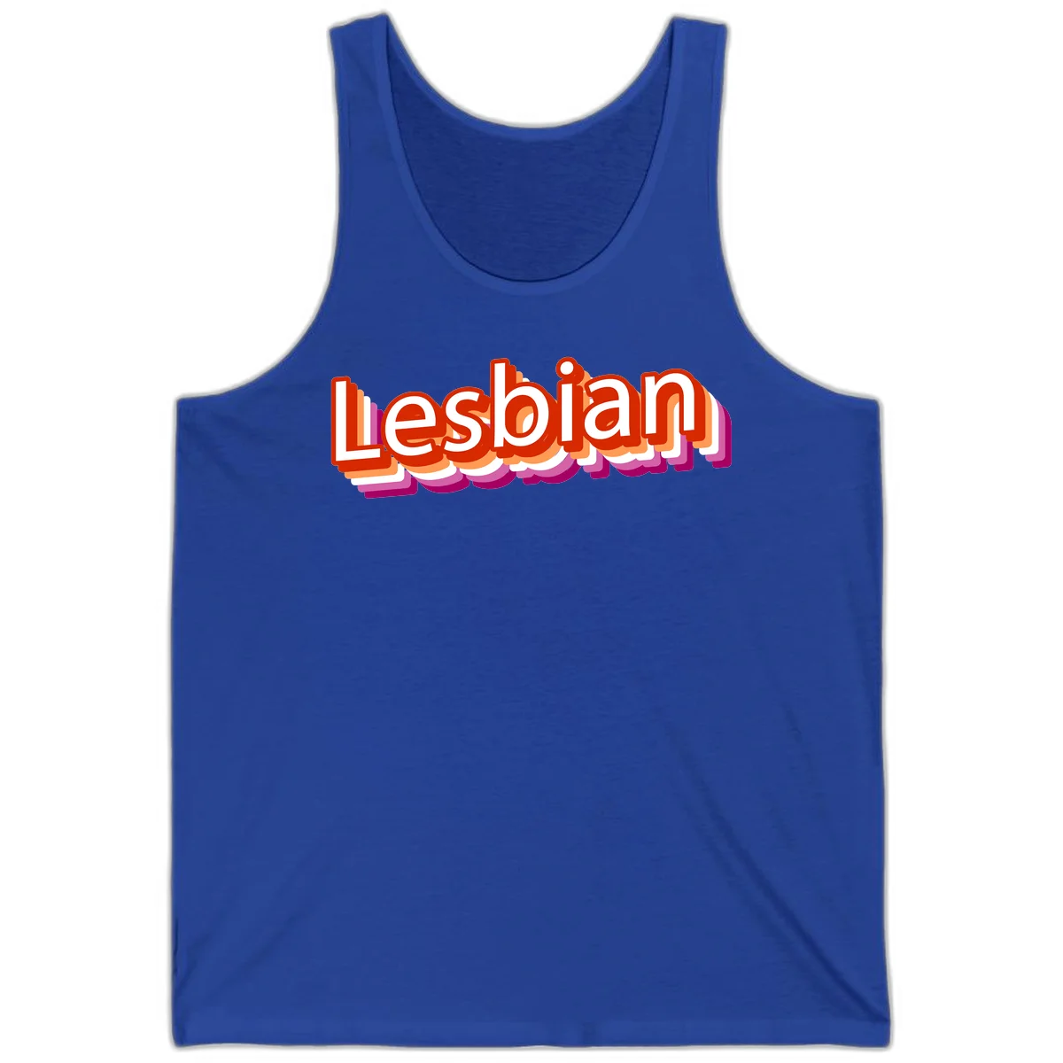 Colorful 3D text reading 'Lesbian' with layered shadow effects in red, orange, white, pink, and purple pride colors in True Royal