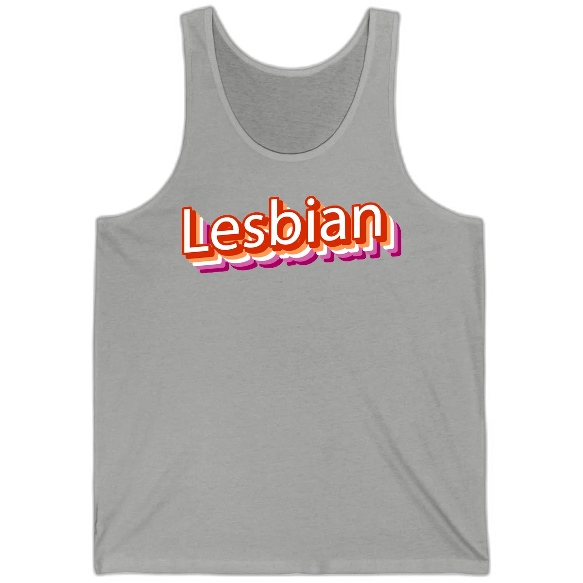 Colorful 3D text reading 'Lesbian' with layered shadow effects in red, orange, white, pink, and purple pride colors in Athletic Heather
