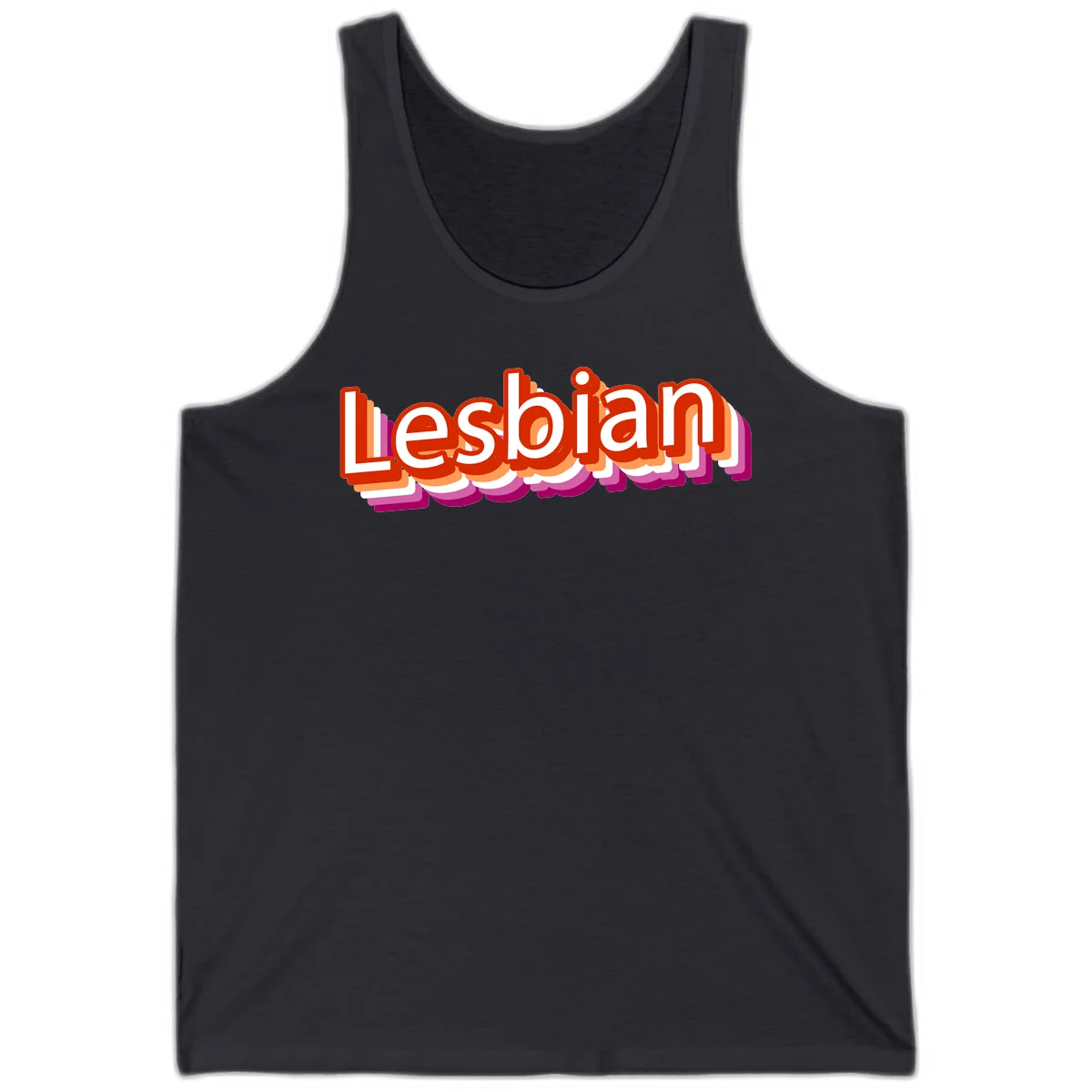 Colorful 3D text reading 'Lesbian' with layered shadow effects in red, orange, white, pink, and purple pride colors in Dark Grey