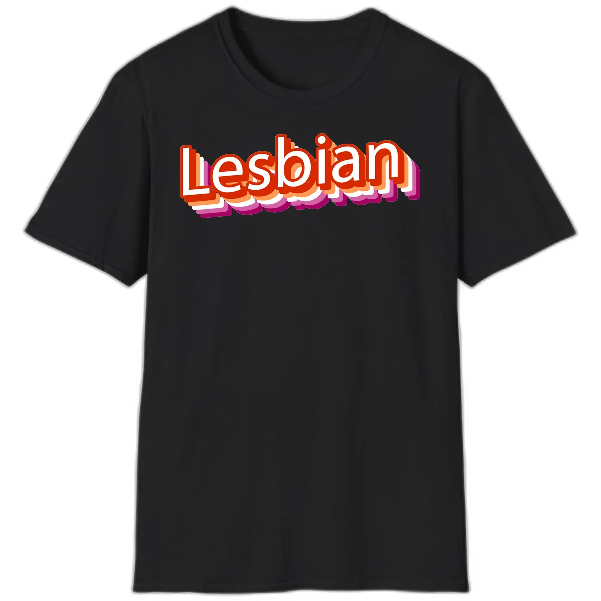 Colorful 3D text reading 'Lesbian' with layered shadow effects in red, orange, white, pink, and purple pride colors in Black