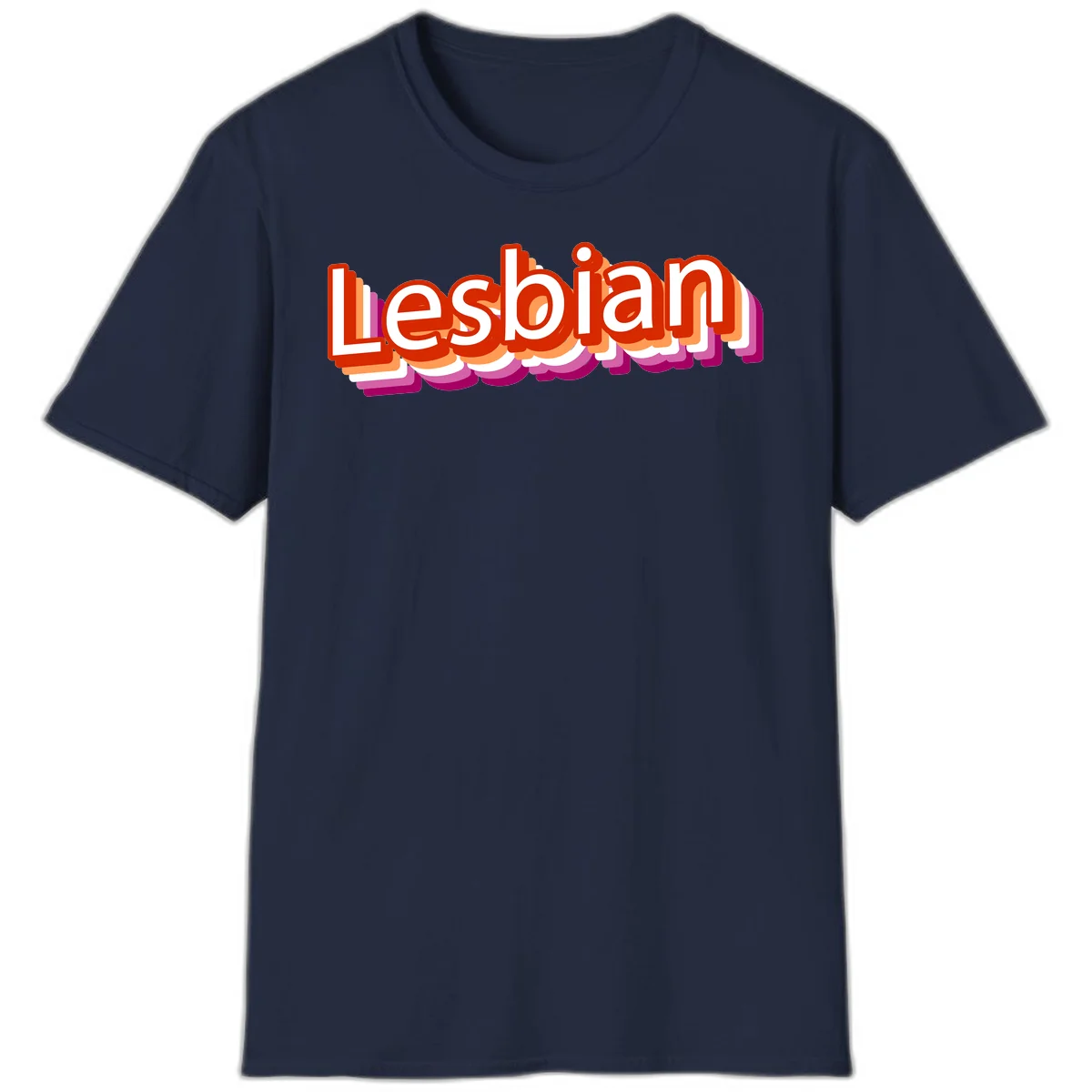 Colorful 3D text reading 'Lesbian' with layered shadow effects in red, orange, white, pink, and purple pride colors in Navy