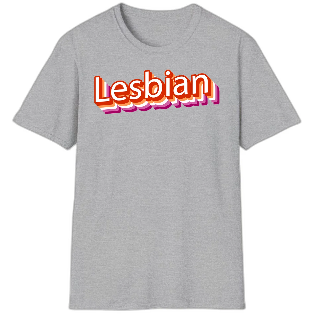 Colorful 3D text reading 'Lesbian' with layered shadow effects in red, orange, white, pink, and purple pride colors in Sport Grey