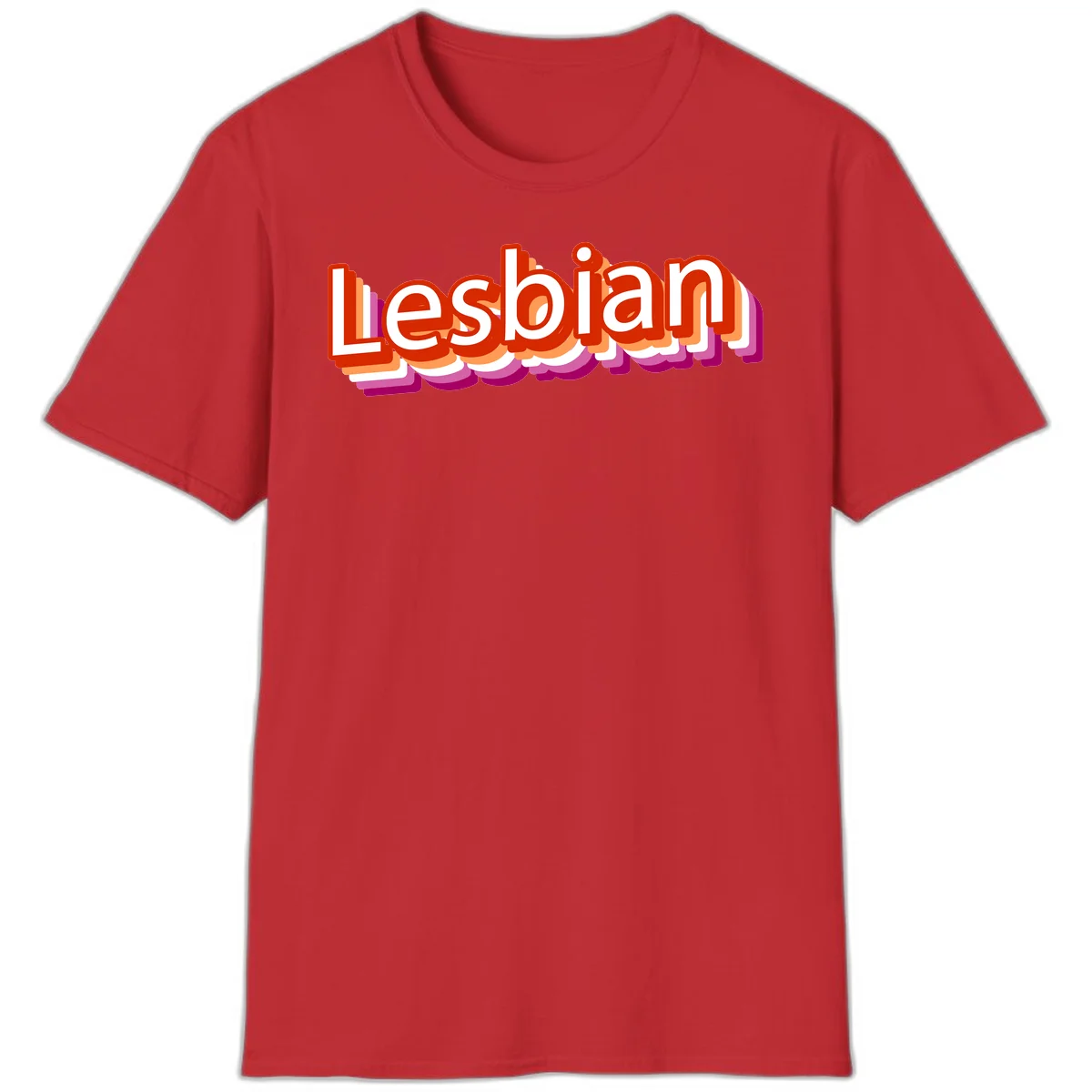 Colorful 3D text reading 'Lesbian' with layered shadow effects in red, orange, white, pink, and purple pride colors in Red