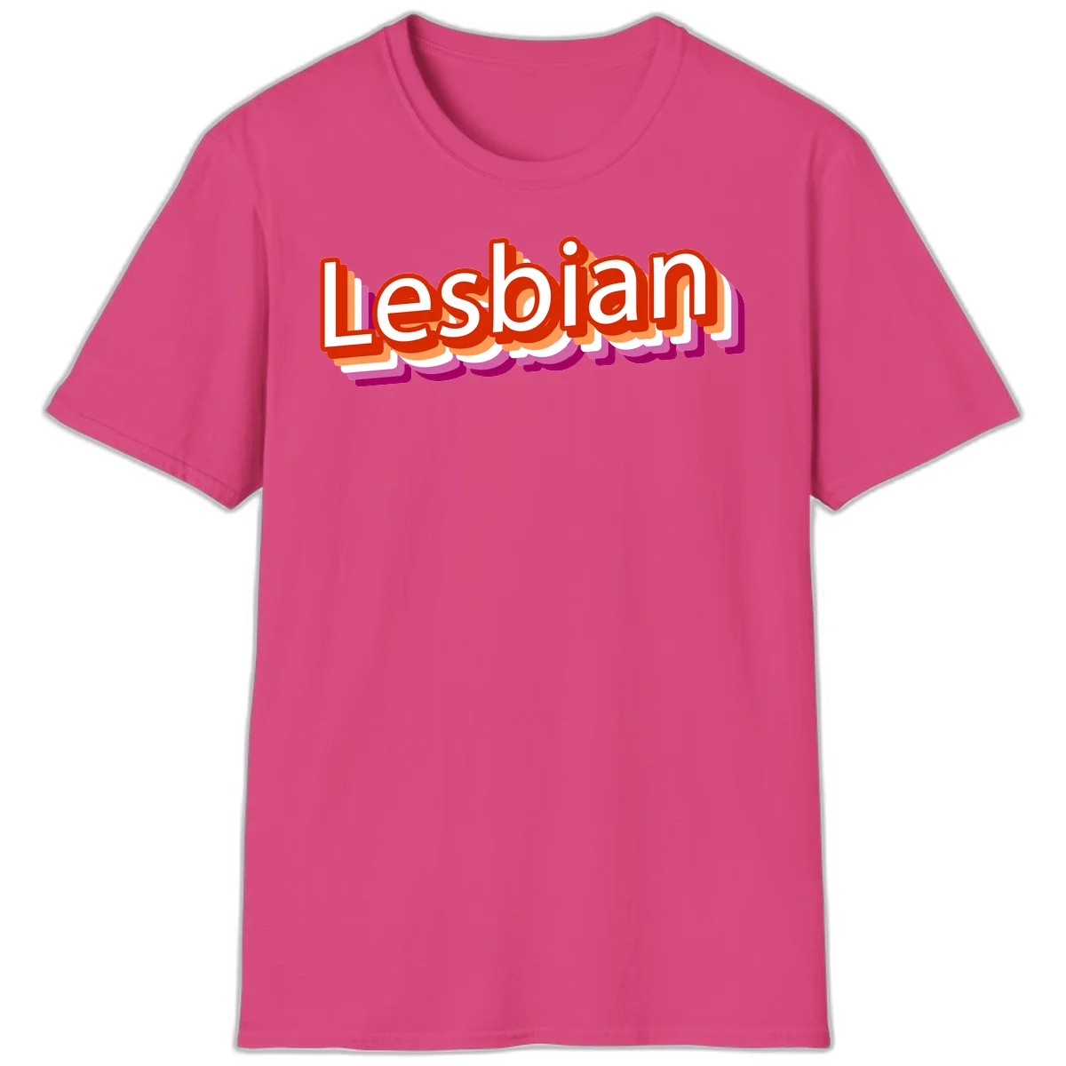 Colorful 3D text reading 'Lesbian' with layered shadow effects in red, orange, white, pink, and purple pride colors in Heliconia