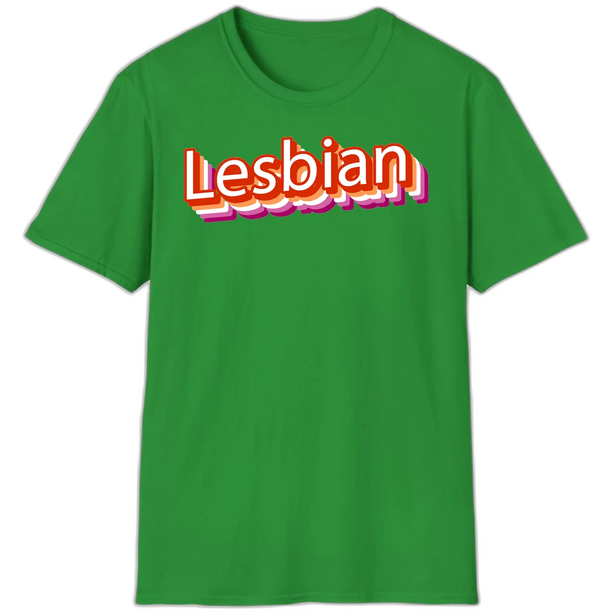 Colorful 3D text reading 'Lesbian' with layered shadow effects in red, orange, white, pink, and purple pride colors in Irish Green