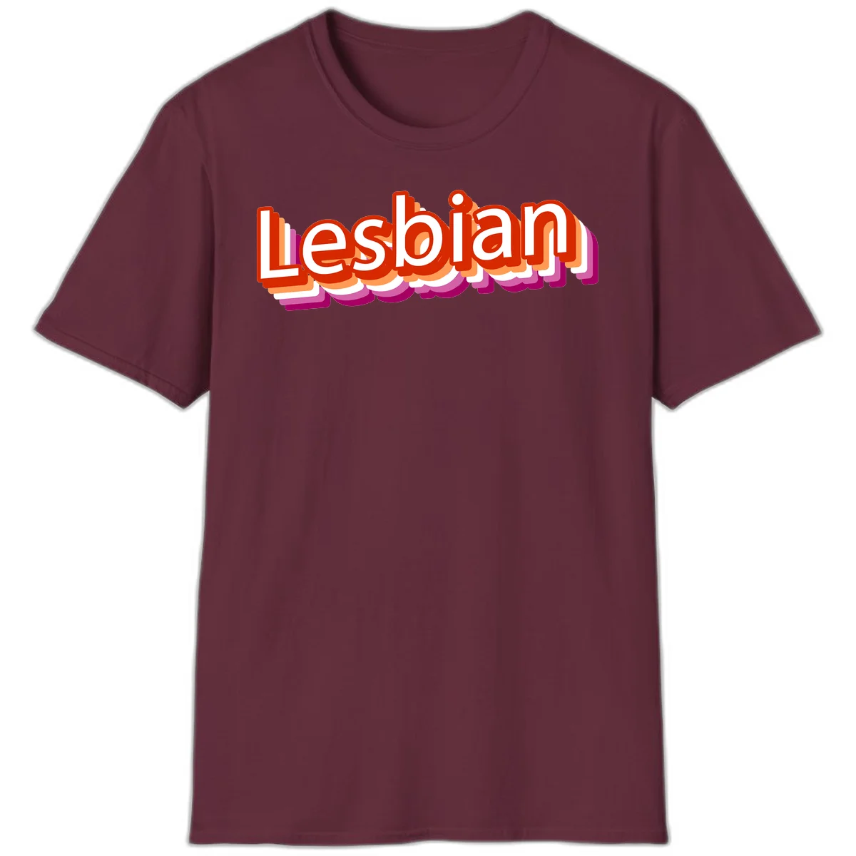 Colorful 3D text reading 'Lesbian' with layered shadow effects in red, orange, white, pink, and purple pride colors in Maroon