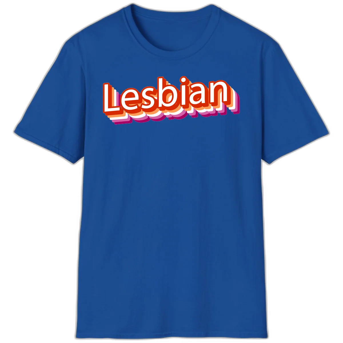 Colorful 3D text reading 'Lesbian' with layered shadow effects in red, orange, white, pink, and purple pride colors in Royal