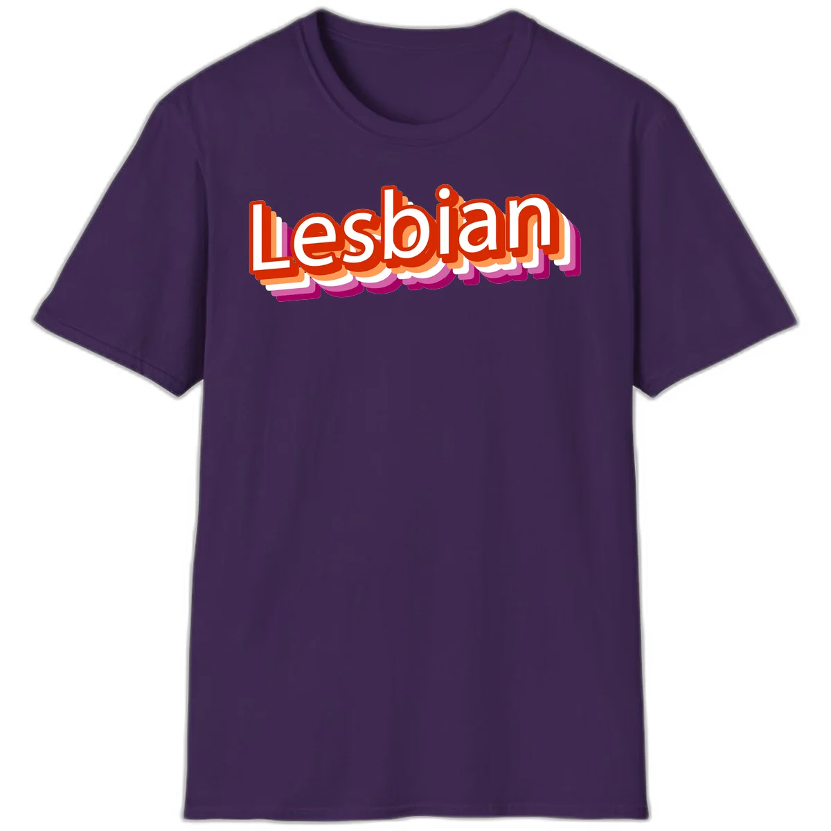 Colorful 3D text reading 'Lesbian' with layered shadow effects in red, orange, white, pink, and purple pride colors in Purple