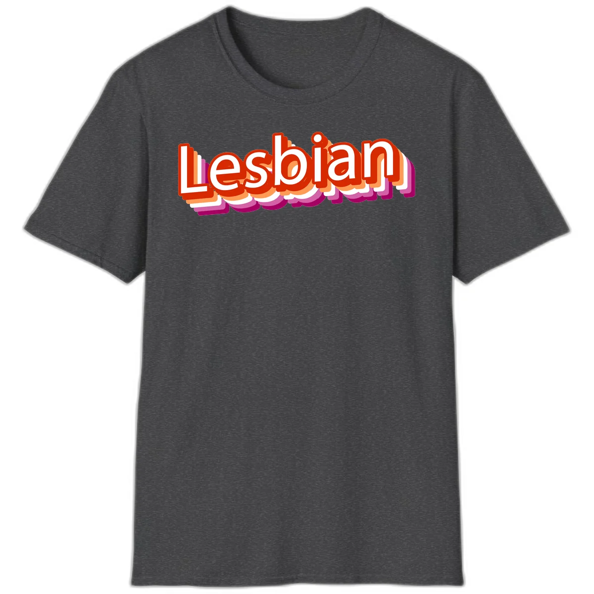 Colorful 3D text reading 'Lesbian' with layered shadow effects in red, orange, white, pink, and purple pride colors in Dark Heather