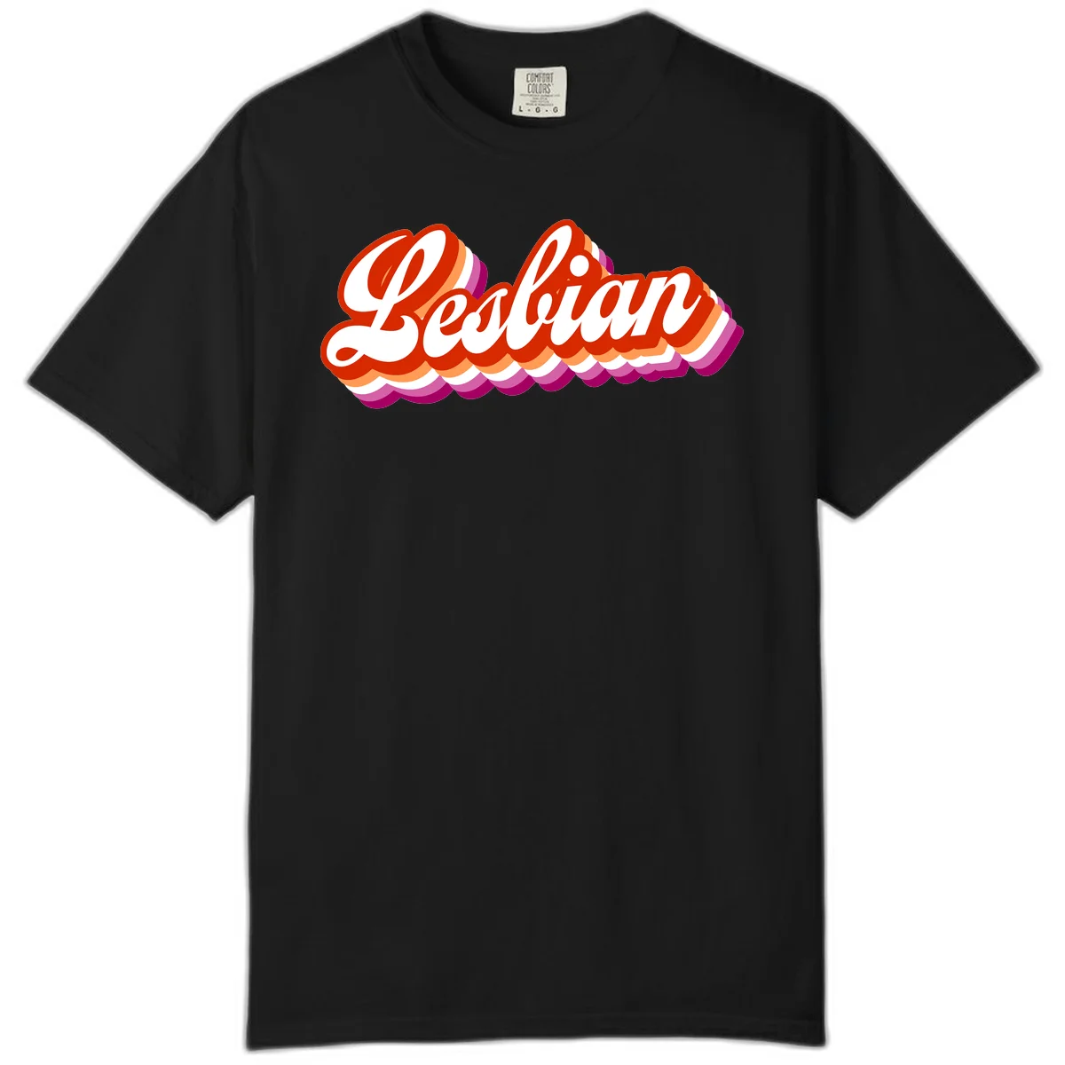 Bold retro 'Lesbian' text with 3D layered scalloped edges in red, orange, magenta, and purple on gray background in Black