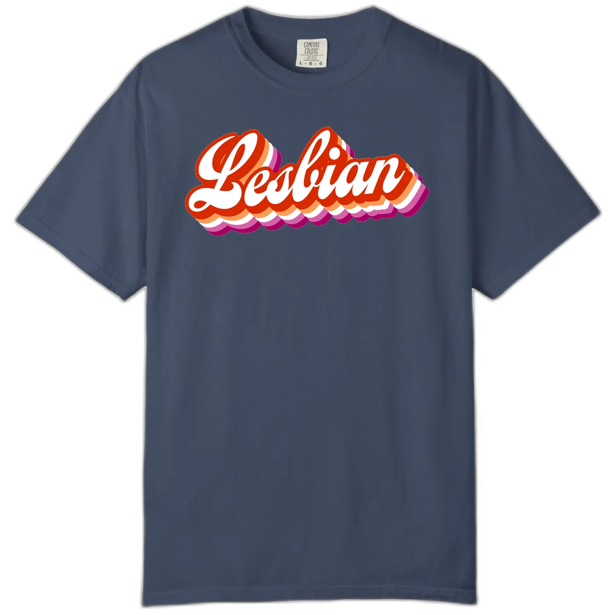 Bold retro 'Lesbian' text with 3D layered scalloped edges in red, orange, magenta, and purple on gray background in Midnight