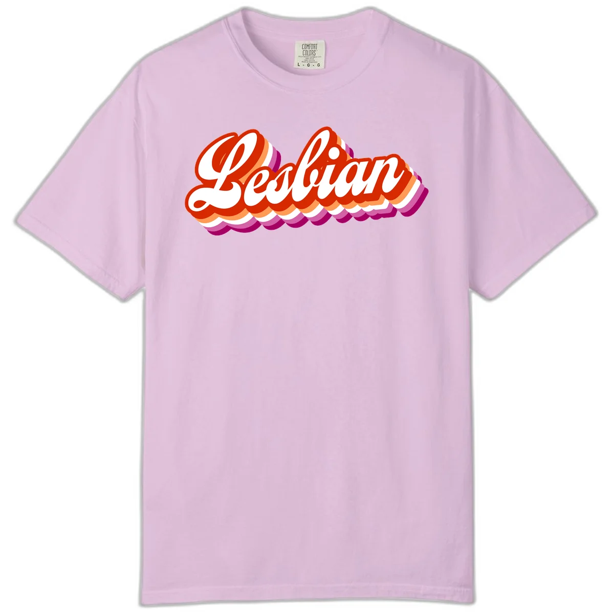 Bold retro 'Lesbian' text with 3D layered scalloped edges in red, orange, magenta, and purple on gray background in Orchid