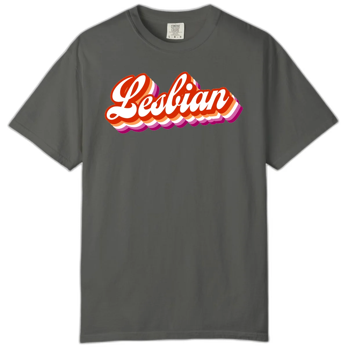 Bold retro 'Lesbian' text with 3D layered scalloped edges in red, orange, magenta, and purple on gray background in Pepper