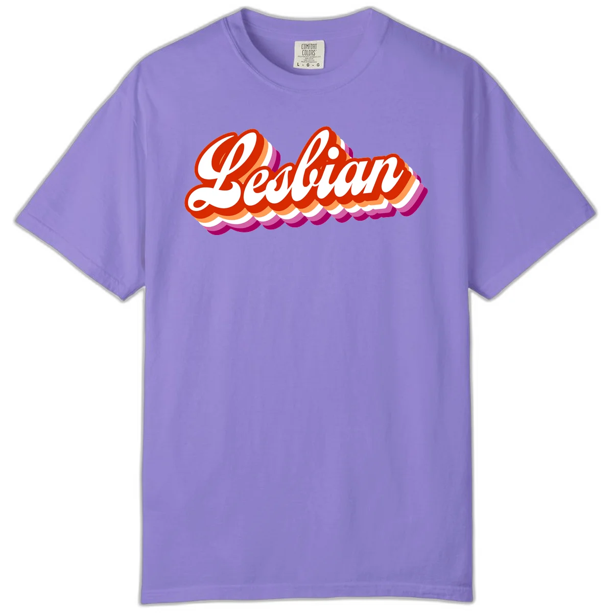 Bold retro 'Lesbian' text with 3D layered scalloped edges in red, orange, magenta, and purple on gray background in Violet