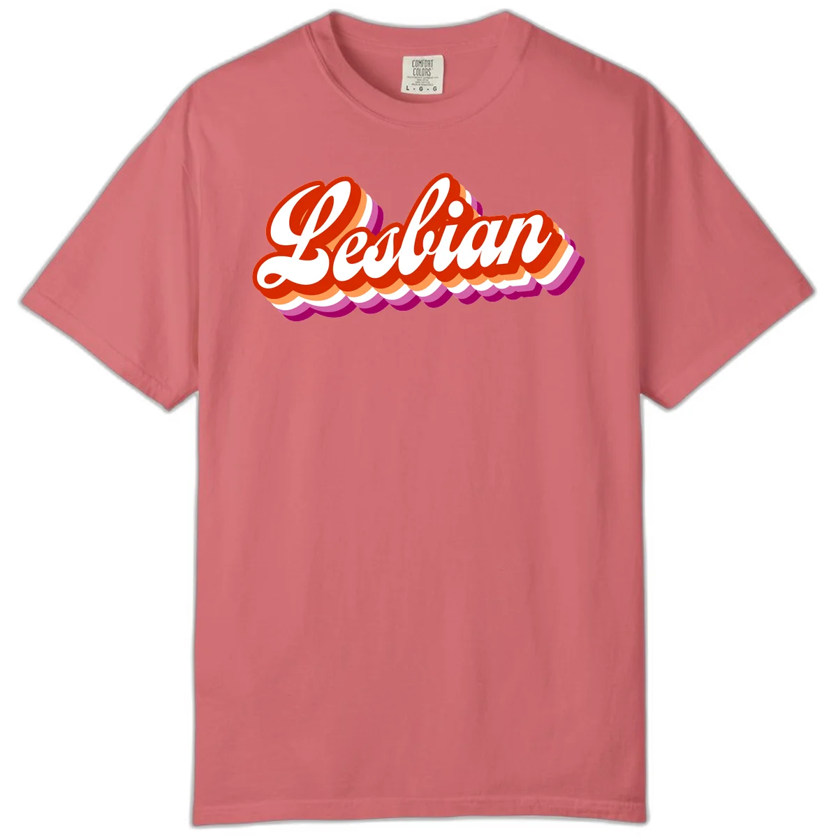 Bold retro 'Lesbian' text with 3D layered scalloped edges in red, orange, magenta, and purple on gray background in Watermelon